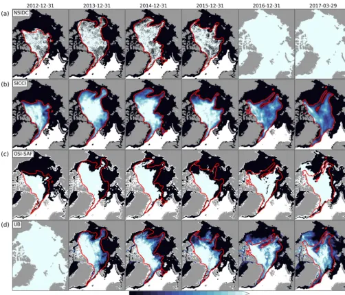 Figure 7. Comparison of MYI concentration estimated from the NSIDC SIA product (a), from the SICCI SIA product (b), downloadedfrom OSI SAF (c) and from University of Bremen (d)