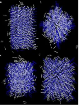 Figure 5. Overlap of the starting 2 x 16 x 2 crystal structure of the �-form (a) side view (b) top view and 6 x 5 x 4 crystal structure (c) side view (d) top view with the crystal structure image taken after 5ns simulation at 0°C