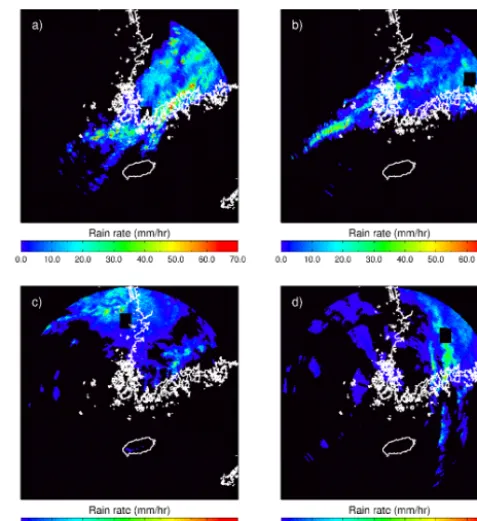 Figure 6. Images of the Jindo radar rain rate estimations for the four(d)radar gap areas whose size is 0.3different precipitation cases of (a) case 1, (b) case 2, (c) case 3, and case 4