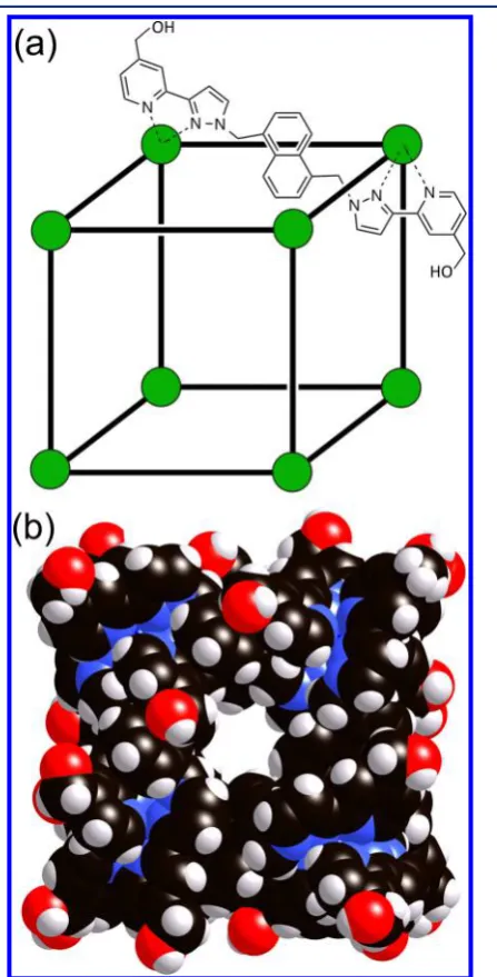 Figure 1. Structure of the host cage [Co8L12](BF4)16. (a) Sketch of theoctanuclear core showing the disposition of the bridging ligands