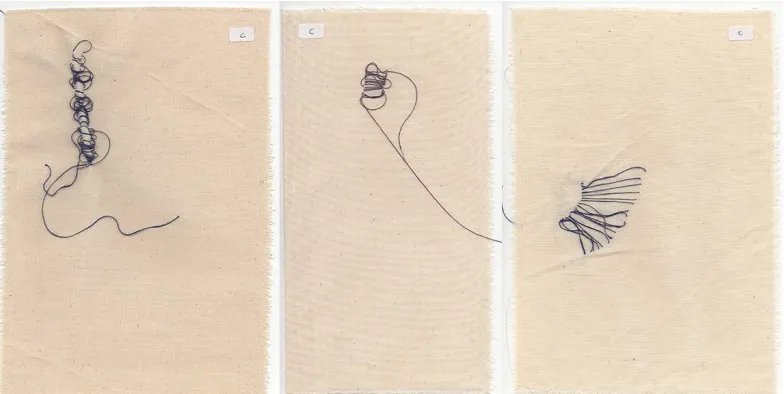 Figure 2. Example 2: Shercliff’s example on the left; the other two are participants’ examples made following the same instructions, which were to stitch a line of parallel stitches without pulling the thread taut