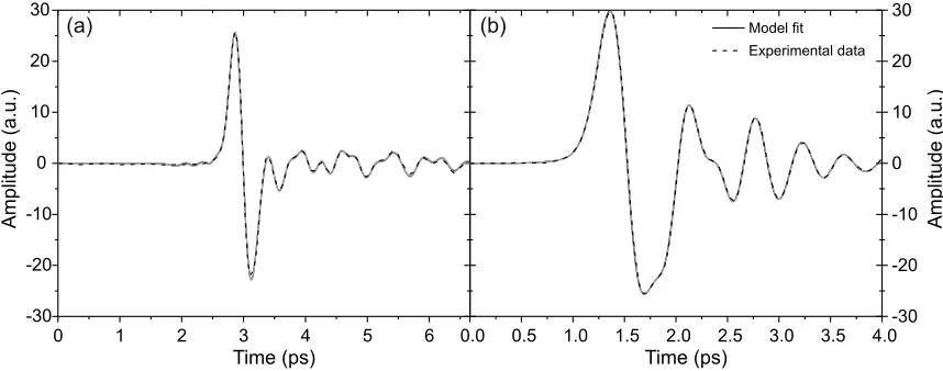 Fig. 2. (a) Lactose time-domain TF (transfer function) model ﬁt and (b) glucose time-domain TF modelﬁt