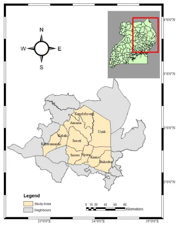 Figure 1. A map showing the locations of the study areas in Teso sub region. 
