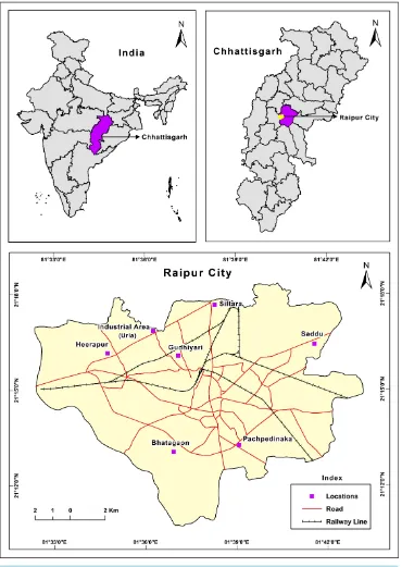 Figure 1. Representation of location of sewage ponds in Raipur city, India. 