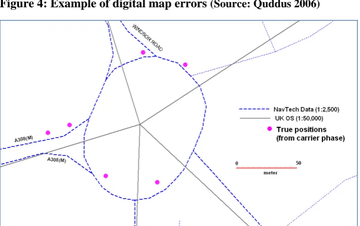 Figure 4: Example of digital map errors (Source: Quddus 2006) 
