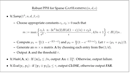 Table 3: Construction of a robust PPH for sparse-domain GAPHAMMING(n, d, ϵ).