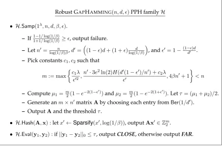 Table 4: Construction of a robust GAPHAMMING(n, d, ϵ) PPH family.