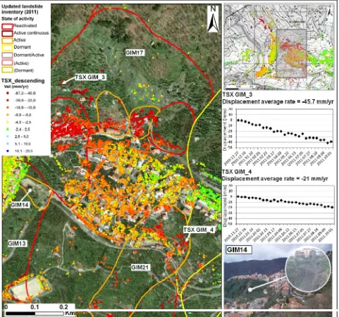 Figure 9. Updated scenario within Gimigliano town: landslide detection and mapping, sector NE, through TerraSAR-X PS data (2010-2011) and related time series