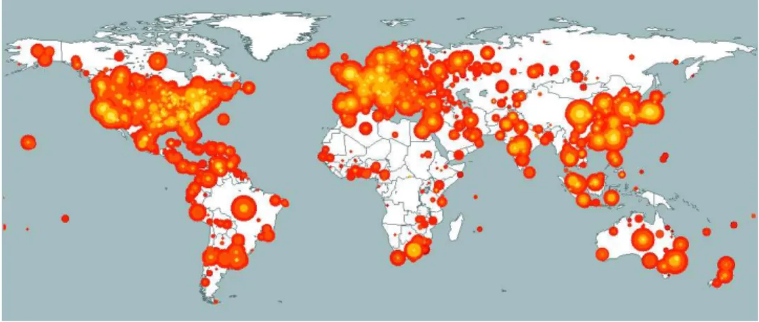 Figure 3: Geographic location and impact of the Code-Red worm.