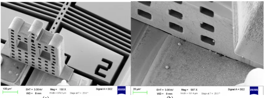 Figure 1. SEM of a 3D interconnected MEMS structures: (a) The low magnification image shows the entire structure; (b) The high magnification image shows the area of interest