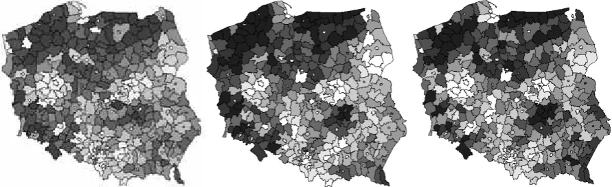 Figure 2: Unemployment in Polish poviatsin the right panel, the darker the shade, the higher relative unemployment rate)