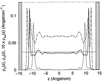 FIG. 2. Density proﬁles normal to the clay sheets: �O(z) for oxygen �solidcurve�, �H(z) for hydrogen �dotted-dashed curve�, and �Na(z) for the so-dium counterions �dashed line�