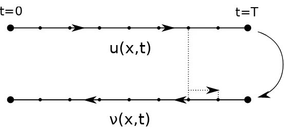 Figure 4. Checkpointing: during the (backward-in-time) calculation ofvelocity ν(x, t) the u(x, t) is recalculated in short sections from each checkpoint (shown as dotson the forward-in-time calculation.