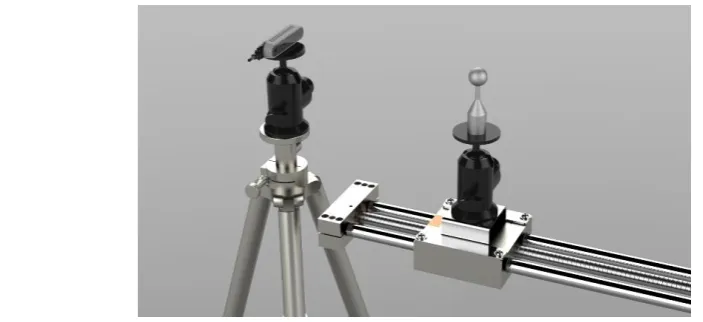 Figure 7. Acquisition setup for the very-close range evaluation test: the camera is mounted on a tripod facing the linear guide on which the sphere moves