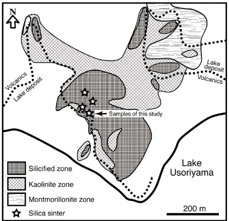 Figure 2. Distribution of hydrothermal altered zones on the north shore of Lake Usoriyama