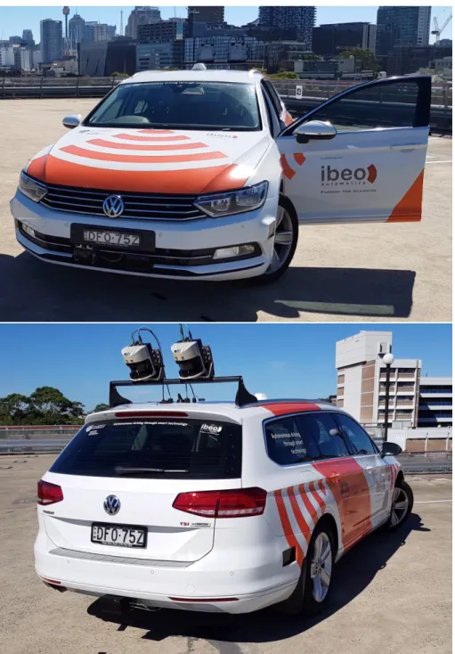 Figure 3.3 – The Lasercar. Here the front sensors can be observed, which are a Ibeo 4 beam lidar and a prototype lidar
