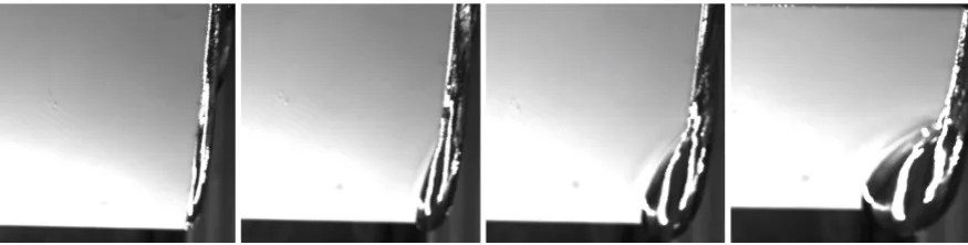 Figure 4. Details of the vertex of the keel at several time instants, presenting the evolution of the cavityformation