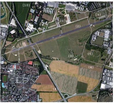 Figure 3. Organization of the Neubiberg airfield—(1) building area, (2) runway area, (3) fuel area, (4) ammunition area, (5) defense area, (6) Neubiberg urban area, (7) Unterhaching urban area, (8) highway Munich-Salzburg, (9) Neubiberg cemetery, (10) Unte