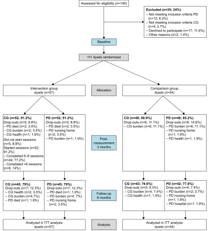 Figure 1 Flow chart of the progress of the present study performed in the netherlands (2008–2013).Abbreviations: Cg, caregiver; PD, person with dementia; ITT, intention to treat.
