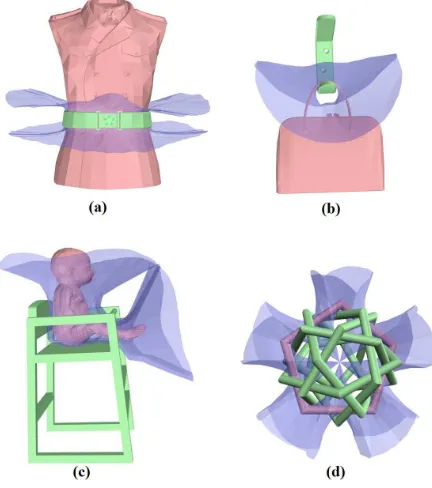 Fig. 1.Examples of the Interaction Bisector Surface (the blue surface) fortwo parts of the 3D scene (shown as red and green)