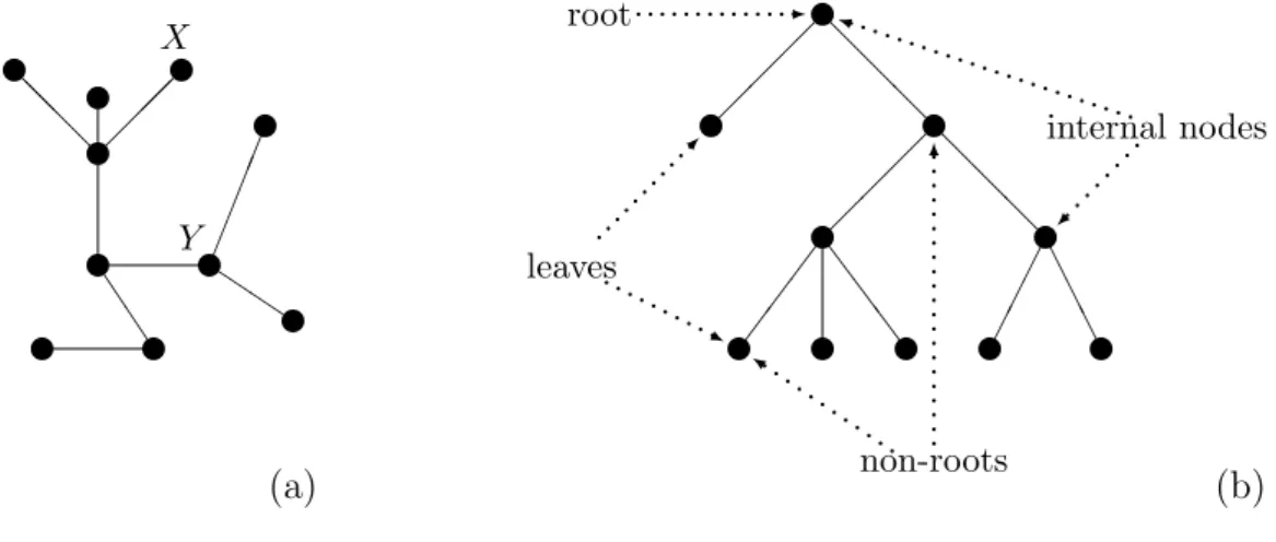 Figure 2.2: Examples of trees. (a) A tree with ten nodes. (b) A directed tree with ten nodes, in which the root and some non-roots, internal nodes and leaves have been indicated.
