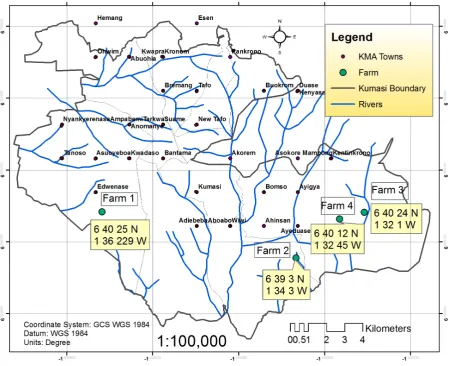 Figure 1. Farm sites where wastewater samples were collected in Kumasi, Ghana. 