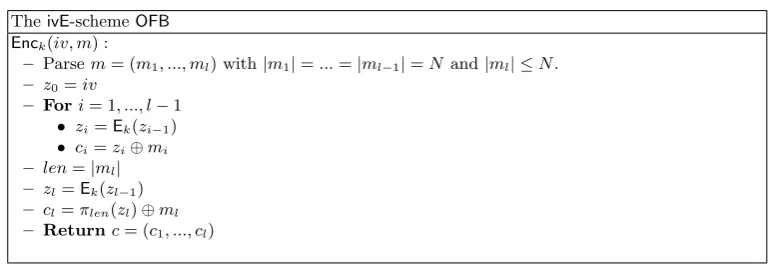 Fig. 3. The ivE-scheme OFB (Output feedback), which is iv-secure, not nE secure and“message malleable” for ﬁxed length message.