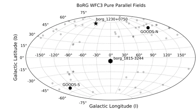 Fig. 2. The position of the 71 unique WFC3 Pure Parallel Fields in Galactic coordinates (light gray points) that we utilize from the BoRG[z8] program
