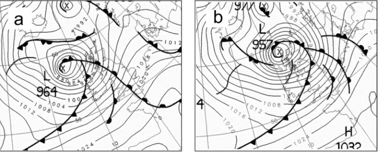 Figure 3: Met Office surface analysis charts at (a) 0600 UTC and (b) 1200 UTC 8 December 2011