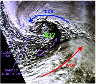 Figure 2: Visible satellite image at 1226 UTC 8 December 2011 with key features marked