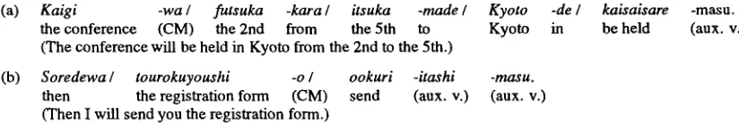 Figure 1: Examples of Japanese sentences (CM: case marker, aux. v.: auxiliary verb) 