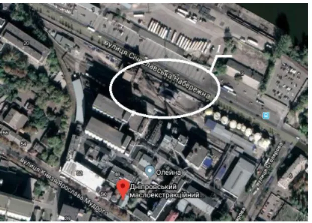 Fig. 1. Modeling area (Google Earth Image, 2019)  Dnipro Oil Extraction Plant:  
