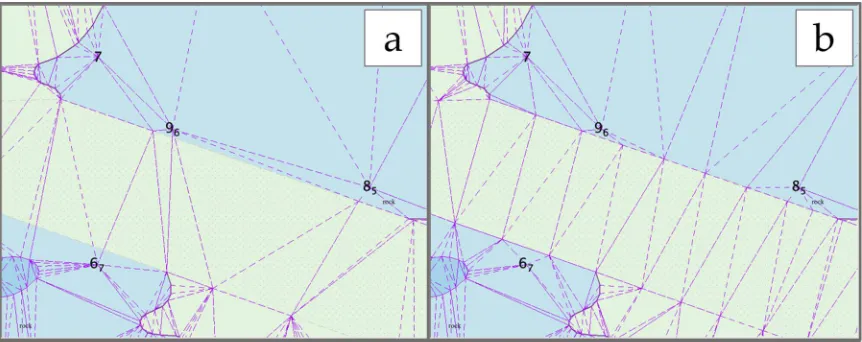 Figure 3. Pane (a) shows an example retrieved from an ENC where the long sides of a dredged-area feature (visualized with a dotted pattern) trigger the creation of triangles (dashed magenta lines) that overlap with the same feature edges