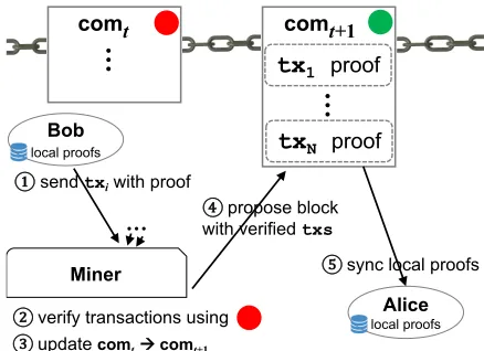 Figure 1: EDRAX architecture. Transactions include proofs.Miners verify transactions using the block commitment comtstored at the last block t, an updated version of which is in-cluded in the next block t +1
