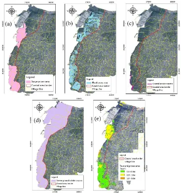 Figure 4.  GIS layers of the coastal hazard-prone areas in Yunlin County, consisting of (a) surge, (b) flood, (c) erosion, (d) ground subsidence and (e) tsunami prone area layers 