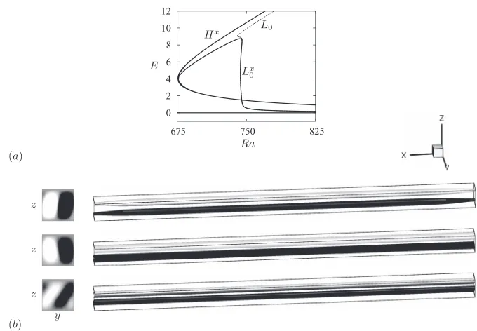 FIG. 8. (a) Bifurcation diagram representing the kinetic energy Ev <in the plane as a function of the Rayleigh number Ra along branch L0(dashed line) for a closed container, and Hx and Lx0 (solid lines) for a periodic container