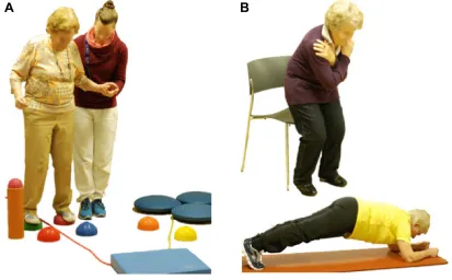 Figure 2 examples of complementary balance (A) and strength (B) exercises.Notes: The participant in (A) steps from one object to the next, trying to maintain balance under assistance of an instructor (objects are soft rubber “stones”, skipping ropes, and b