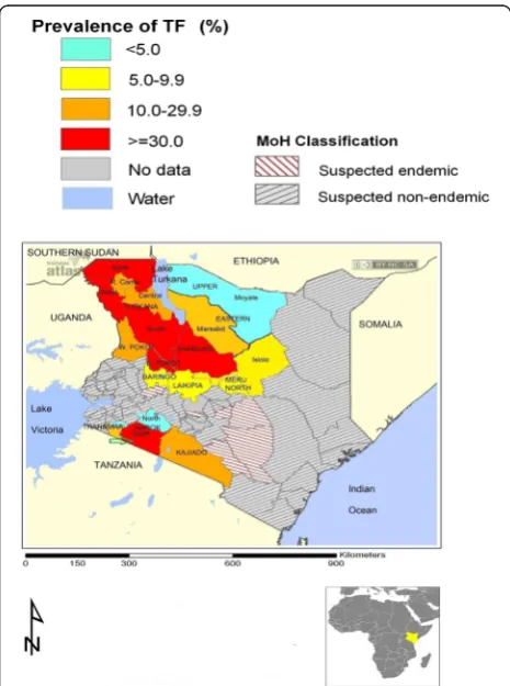 Fig. 1 Distribution of active trachoma (TF) in Kenya and Narok(arrow) in 2010