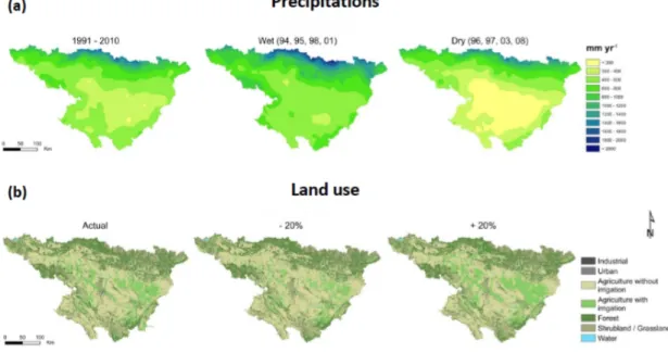 Fig. 2. (a) Annual precipitation averages (mm) in the 1991–2010 average (left), wet conditions (middle), and dry conditions (right)