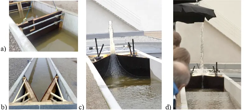 Figure 3:  The Bore-Soliton-Splash: a,b) channel before the sluice gate is pulled, and c,d) the splash