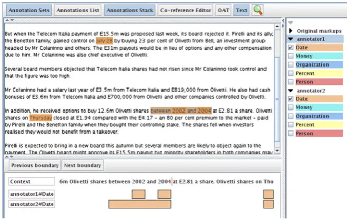 Fig. 4 The Annotation Diff user interface, showing side by side comparison of the annotations on whichannotators differ