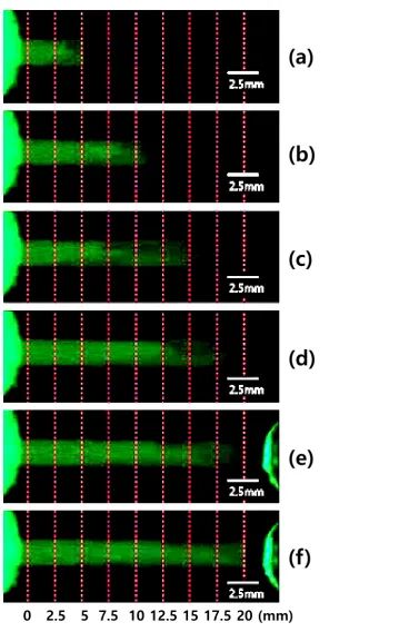 Fig. 5. (a–f) Fluorescence images of FITC-BSA diffusion in poly-DADMAC in the 