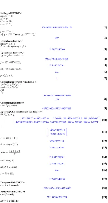 Figure 2. Screenshot of Example 2 Maple code for RCPKC.1 encryption/decryption.