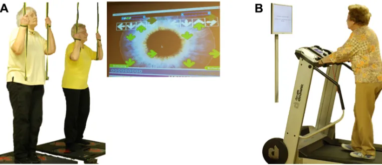Figure 1 simultaneous cognitive–physical training components: video game dancing (A) and treadmill memory training (B)