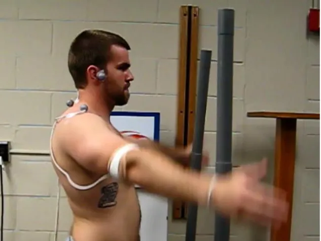 Figure 2 – Participant performing elevation task while equipped with electromagnetic motion tracking system 