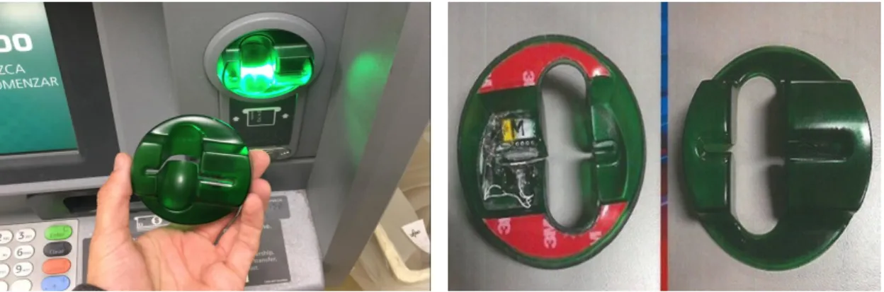 Figure 2: Showing a magnetic stripe skimming device found attached on an ATM machine [24]
