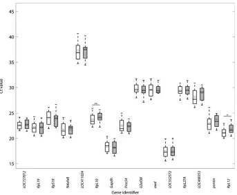 Figure 1. Expression of the 15 candidate reference genes in queens and workers. Values are given as cyclethreshold values (Cq)