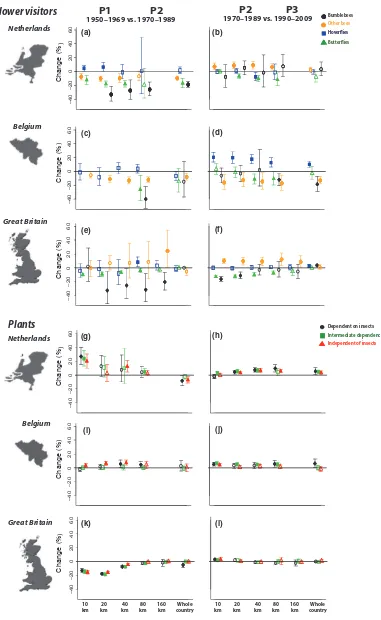 Figure 1 Change in species richness (estimated weighted meanmost taxa and countries richness change estimates (% of change) of ﬂower visitors and plants were more accentuated between P1 and P2 (the Netherlands, a, g, Belgium,c, i, and Great Britain, e, k) 