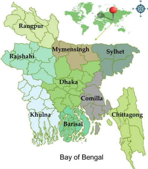 Figure 1 Map of the objective regions of Bangladesh 