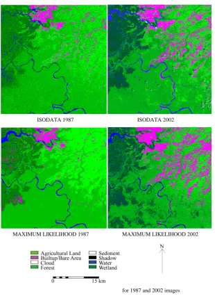 Figure 3 shows the results of unsupervised ISODATA and supervised ML classification for Landsat TM 1987    ISODATA 1987                       ISODATA 2002 